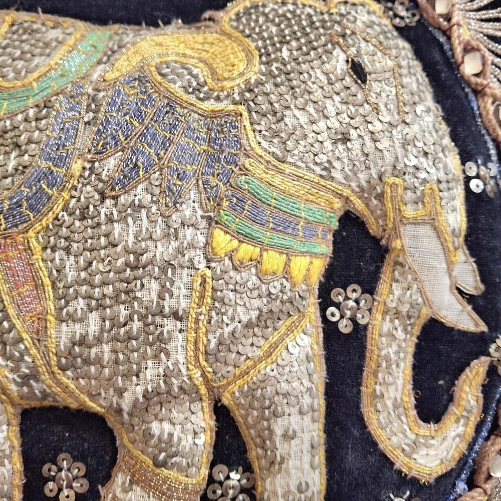 Vintage Boho Kalaga Burmese Elephant Embroidered Sequin Throw Accent Pillows x 2
